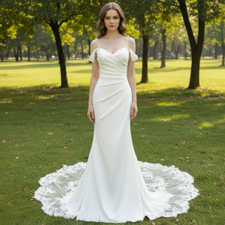 Affordable Mermaid Spaghetti Straps Wedding Dress with Off Shoulder