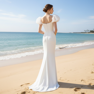 Puffy Short Sleeve Mermaid Slim Wedding Dress with Back Slit