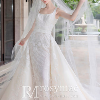 Square Neck Mermaid Lace Wedding Dress with Detachable Train