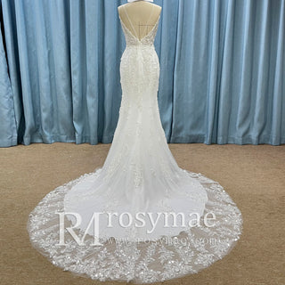 Modern V Neck Lace Spaghetti Strap Mermaid Wedding Dress Open Back Bridal Gown