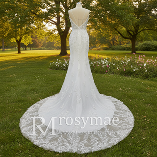 Modern V Neck Lace Spaghetti Strap Mermaid Wedding Dress Open Back