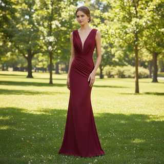 Elegant Burgundy Mermaid Deep V neck Bridesmaid Dress