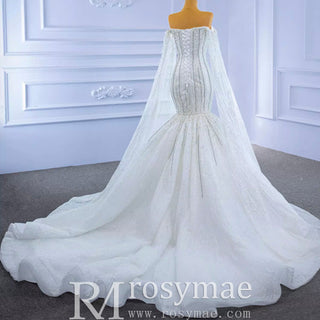 Mermaid's Pearl Elegance Cape Wedding Gown with Sequin Embroidery - Rosymae