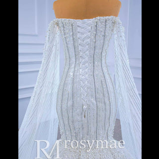 Mermaid's Pearl Elegance Cape Wedding Gown with Sequin Embroidery - Rosymae