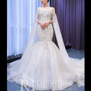Mermaid's Pearl Elegance Cape Wedding Gown with Sequin Embroidery - Rosymae