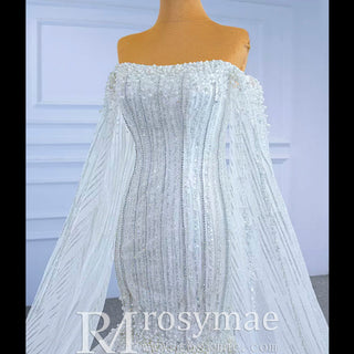 Mermaid's Pearl Elegance Cape Wedding Gown with Sequin Embroidery - Rosymae