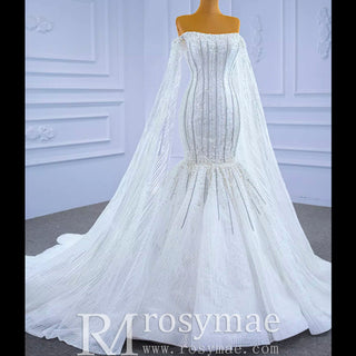Mermaid's Pearl Elegance Cape Wedding Gown with Sequin Embroidery - Rosymae