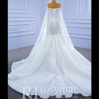 Mermaid's Pearl Elegance Cape Wedding Gown with Sequin Embroidery - Rosymae