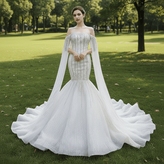 Mermaid's Pearl Elegance Cape Wedding Gown with Sequin Embroidery - Rosymae