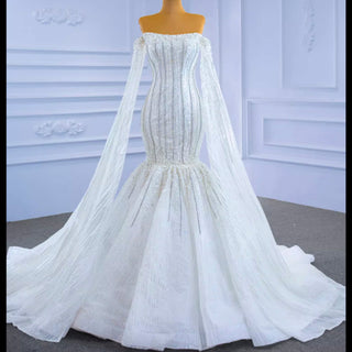 Mermaid's Pearl Elegance Cape Wedding Gown with Sequin Embroidery - Rosymae