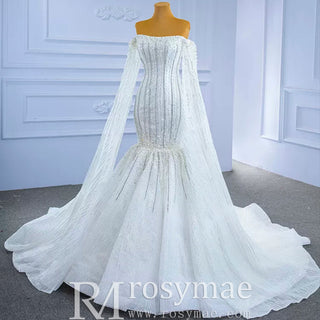 Mermaid's Pearl Elegance Cape Wedding Gown with Sequin Embroidery - Rosymae