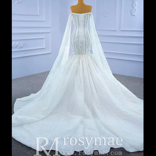 Mermaid's Pearl Elegance Cape Wedding Gown with Sequin Embroidery - Rosymae