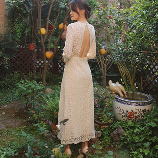 Mid Calf Tea Length Lace Wedding Dress with 3/4 Sleeves Keyhole Back - Rosymae
