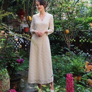 Mid Calf Tea Length Lace Wedding Dress with 3/4 Sleeves Keyhole Back - Rosymae