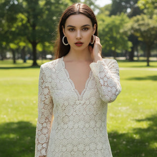 Mid Calf Tea Length Lace Wedding Dress with 3/4 Sleeves Keyhole Back - Rosymae