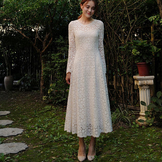 Mid Calf Tea Length Lace Wedding Dress with 3/4 Sleeves Keyhole Back - Rosymae