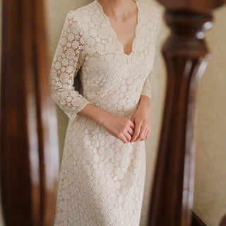 Mid Calf Tea Length Lace Wedding Dress with 3/4 Sleeves Keyhole Back - Rosymae