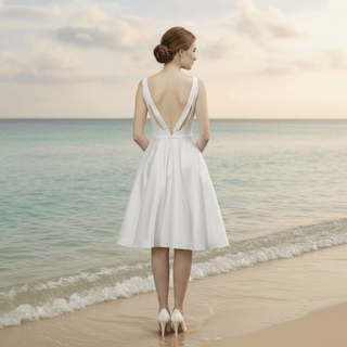 Mid Knee Length Simple Satin Wedding Dresses V Neckline - Rosymae