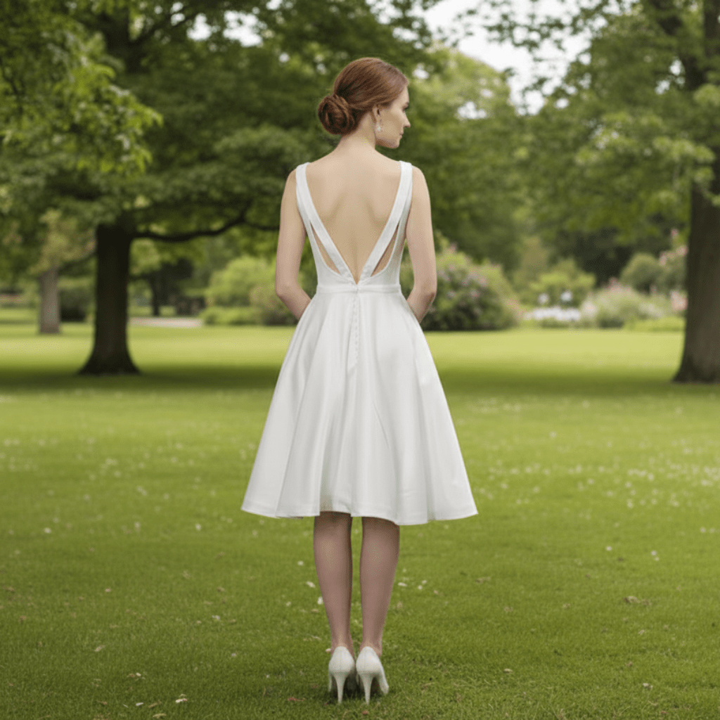 Mid Knee Length Simple Satin Wedding Dresses V Neckline - Rosymae