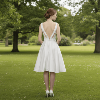 Mid Knee Length Simple Satin Wedding Dresses V Neckline - Rosymae