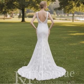 Middle Split Wedding Gown Dress with Illusion Deep V Neck - Rosymae