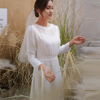 Minimalist and Modest Tea-length A-line Wedding Dress with Long Sleeve