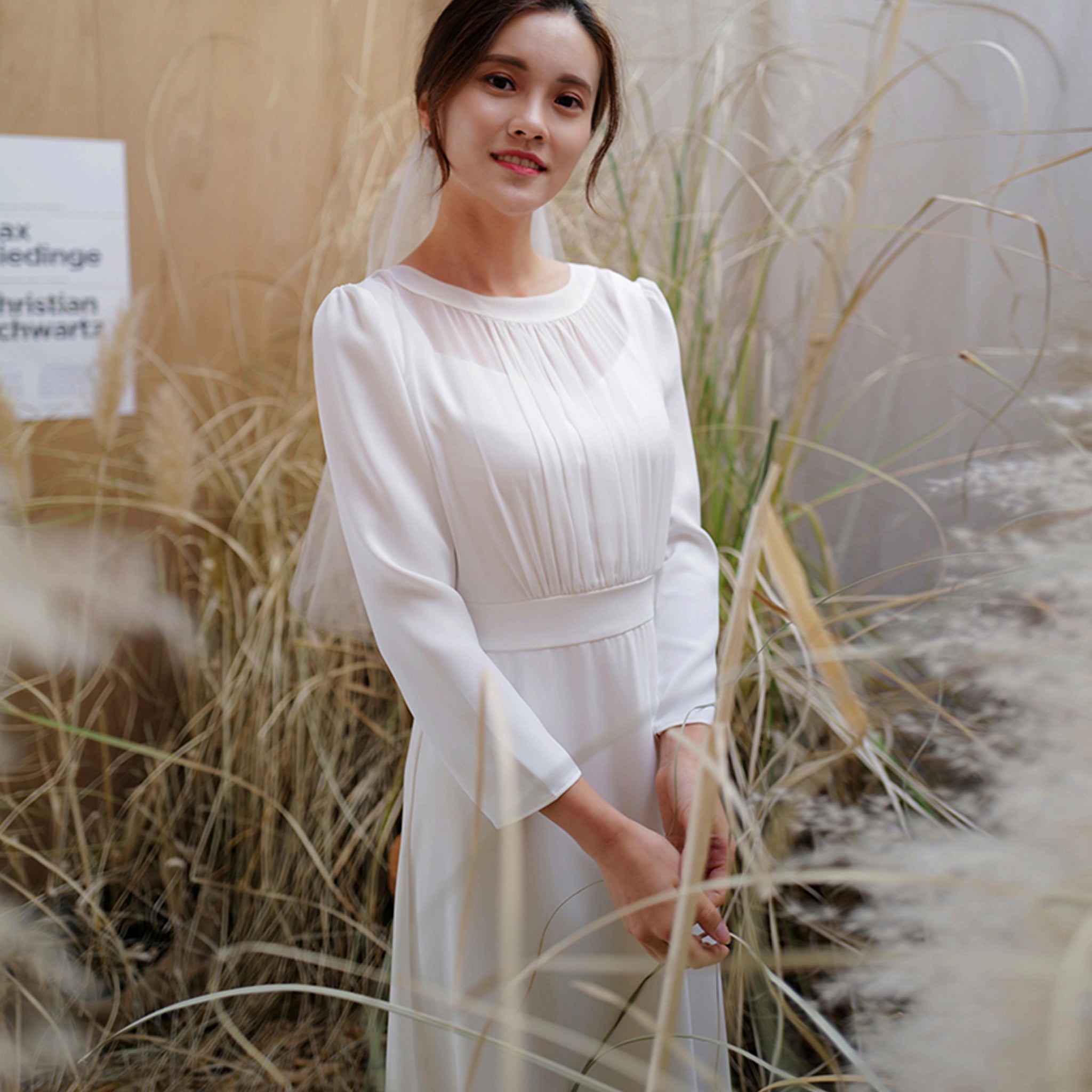 Minimalist and Modest Tea-length A-line Wedding Dress with Long Sleeve White / Custom Size Minimalist and Modest Tea-length A-line Wedding Dress with Long Sleeve White / Custom Size