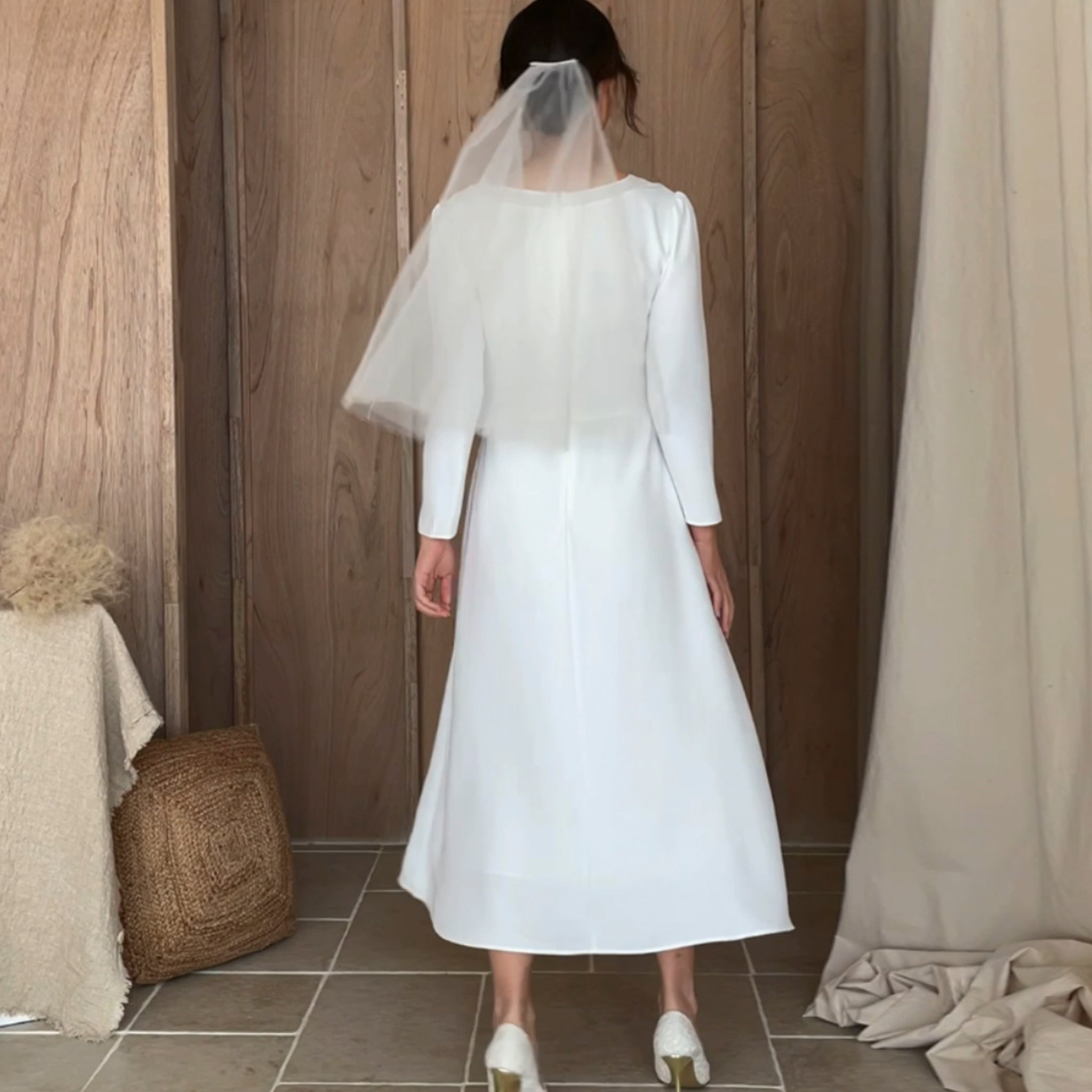 Minimalist and Modest Tea-length A-line Wedding Dress with Long Sleeve White / Custom Size Minimalist and Modest Tea-length A-line Wedding Dress with Long Sleeve White / Custom Size