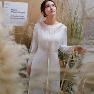 Minimalist and Modest Tea-length A-line Wedding Dress with Long Sleeve