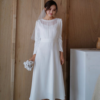 Minimalist and Modest Tea-length A-line Wedding Dress with Long Sleeve