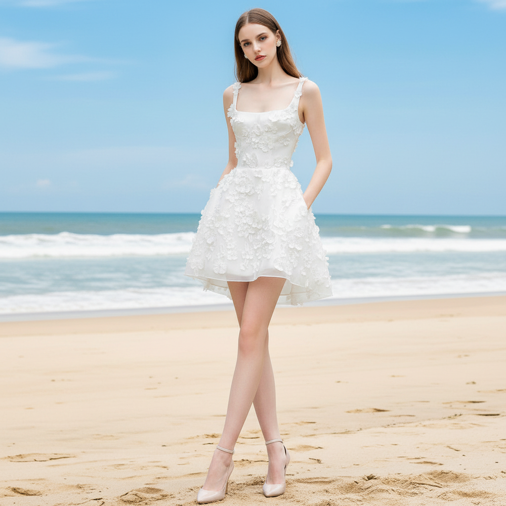 Open Back Square Neck Midi Wedding Dresses with Flowers Rosymae Open Back Square Neck Midi Wedding Dresses with Flowers Rosymae