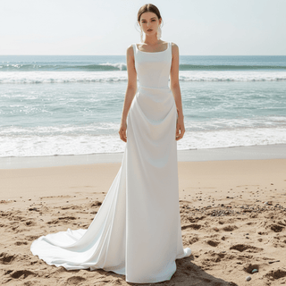 Mikado Sheath Boho Beach Wedding Dress with Square Neckline - Rosymae