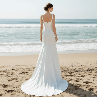 Mikado Sheath Boho Beach Wedding Dress with Square Neckline - Rosymae