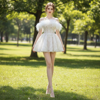 Mini Feather Ball Gown Wedding Dress - Rosymae
