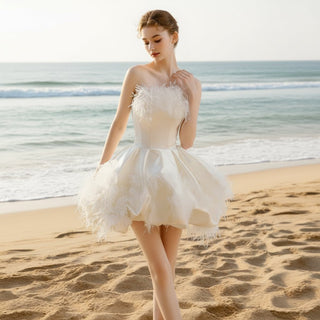 Mini Satin Wedding Dress with Puffy Skirt & Feathers - Rosymae