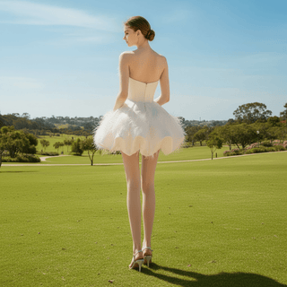 Mini Satin Wedding Dress with Puffy Skirt & Feathers - Rosymae