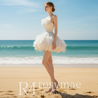 Mini Satin Wedding Dress with Puffy Skirt & Feathers - Rosymae