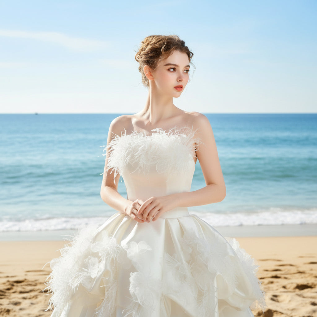 Luxurious Mini Mid Length Short Wedding Dress with Feathers Rosymae Luxurious Mini Mid Length Short Wedding Dress with Feathers Rosymae
