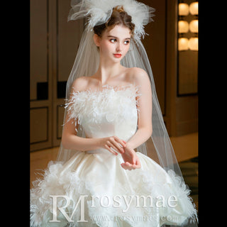 Luxurious Mini Mid Length Short Wedding Dress with Feathers