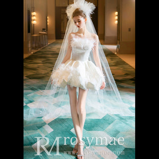 Luxurious Mini Mid Length Short Wedding Dress with Feathers