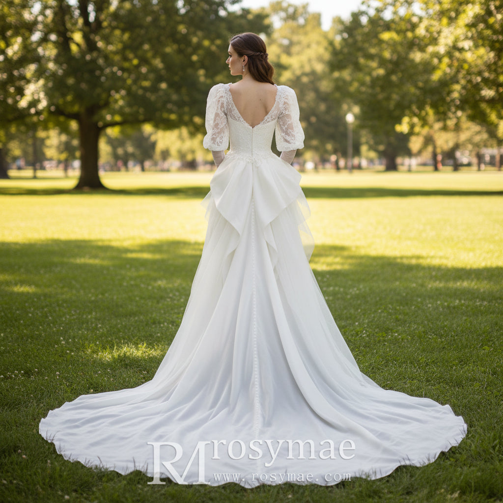Short Puffy Long Sleeve Lace Wedding Dress with Detachable Train White / 0 Short Puffy Long Sleeve Lace Wedding Dress with Detachable Train White / 0