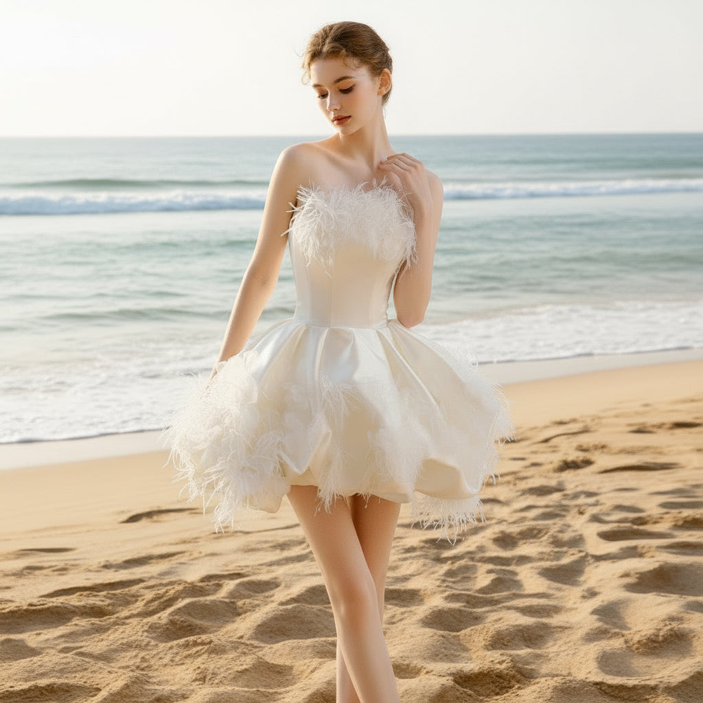 Luxurious Mini Mid Length Short Wedding Dress with Feathers Rosymae Luxurious Mini Mid Length Short Wedding Dress with Feathers Rosymae