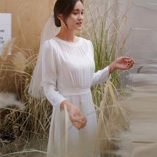 Minimalist and Modest Tea-length A-line Wedding Dress with Long Sleeve - Rosymae