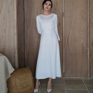 Minimalist and Modest Tea-length A-line Wedding Dress with Long Sleeve - Rosymae