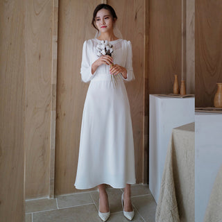 Minimalist and Modest Tea-length A-line Wedding Dress with Long Sleeve - Rosymae