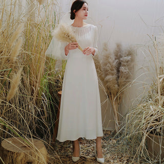 Minimalist and Modest Tea-length A-line Wedding Dress with Long Sleeve - Rosymae