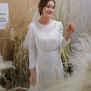 Minimalist and Modest Tea-length A-line Wedding Dress with Long Sleeve - Rosymae
