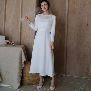 Minimalist and Modest Tea-length A-line Wedding Dress with Long Sleeve - Rosymae