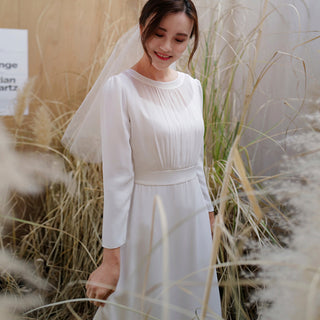 Minimalist and Modest Tea-length A-line Wedding Dress with Long Sleeve - Rosymae