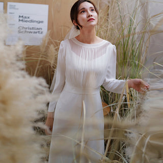 Minimalist and Modest Tea-length A-line Wedding Dress with Long Sleeve - Rosymae